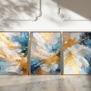 Conjunto de 3 impressões abstratas calmantes | Impressões de parede azuis, douradas e brancas | Arte de parede relaxante para Air Bnb ou aluguel | Decoração AirBnb