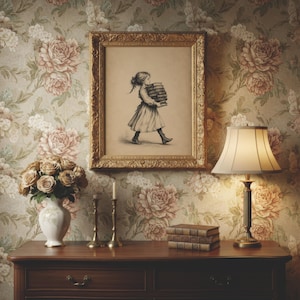 Girl Carrying Books Print | Vintage Book Lover Wall Art | Book Nook Library Decor | Reading Room Art image 8