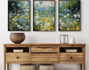Blue Forget Me Not Triptych Wall Art | Blue Wildflower Print Set of 3 | Botanical Cottage Core Decor | Floral Three Piece Poster