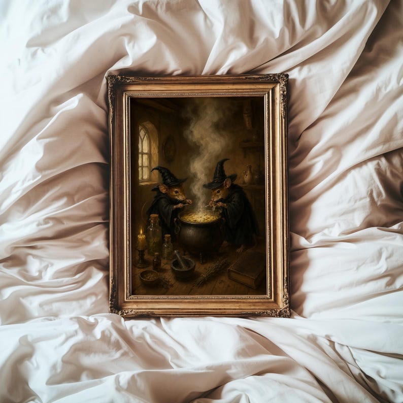 Op de afbeelding: Een rechthoekig ingelijst kunstwerk aan de muur met een illustratie van twee muizen met puntmutsen en donkere gewaden, staand boven een rokende zwarte ketel in een schemerige kamer met glazen flessen, een vijzel en een boek.