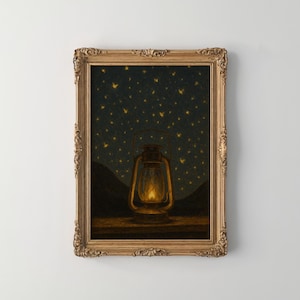 May include: A framed painting of a lantern with a lit flame inside, set against a dark background with a scattering of small, yellow lights resembling stars or fireflies.