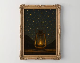Decorazione murale con lucciole per baita di montagna / Quadri con lucciole per AirBnB / Quadri a tema baita / Dipinto di lanterna con lucciole