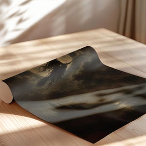 May include: A rolled sheet of wallpaper featuring a dark, atmospheric illustration of a silhouetted figure flying on a broomstick against a large, glowing full moon, surrounded by swirling clouds and a misty, shadowed landscape in shades of black and gold.