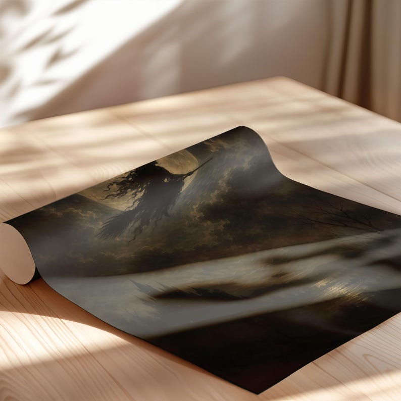 May include: A rolled sheet of wallpaper featuring a dark, atmospheric illustration of a silhouetted figure flying on a broomstick against a large, glowing full moon, surrounded by swirling clouds and a misty, shadowed landscape in shades of black and gold.