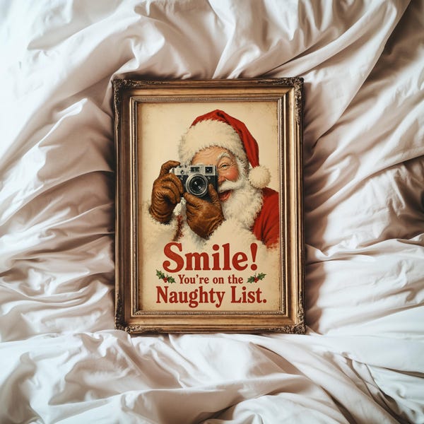 Funny Vintage Santa Wall Art Print | Santa's Naughty List | Retro Christmas Poster | Santa Taking a Photo Holiday Decor