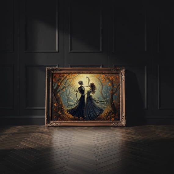 Dancing Skeleton Wall Art | Whimsical Halloween Decor | Gothic Cottagecore Print | Spooky Autumn Artwork