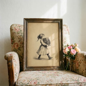 May include: A framed art print featuring a black and white sketch of a young person with long hair wearing a dress and boots, walking while carrying a tall stack of books. The artwork is set in a dark wooden frame with a light beige background.