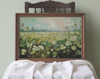 Lámina con estampado de campo de tréboles para el Día de San Patricio / Decoración estilo cottagecore verde / Arte de pared con campo de tréboles