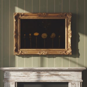 May include: A framed artwork featuring a dark background with a progression of dandelion flowers in various stages of bloom. The ornate gold frame hangs on a green and white striped wall above a white mantelpiece.