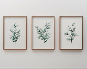 Watercolor Eucalyptus Print Set of 3 | Botanical Wall Art Triptych | Green Nature Home Decor Gift | Minimalist Boho Leaf Poster