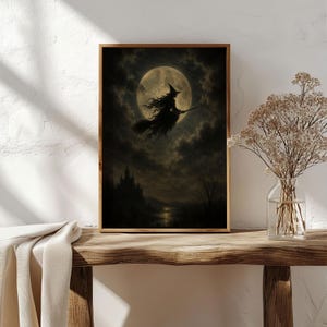 Flying Witch Moon Wall Art | Halloween Print | Dark Fantasy Decor | Gothic Witch Artwork | Spooky Night Sky image 6