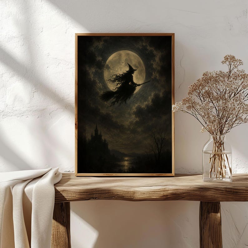 Flying Witch Moon Wall Art | Halloween Print | Dark Fantasy Decor | Gothic Witch Artwork | Spooky Night Sky image 6
