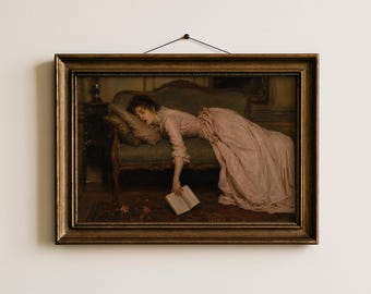 Victorian Woman Reading Wall Print | Reading Nook Art | Funny Victorian Painting | Cozy Book Lover Decor | Bookish Wall Decor for Library