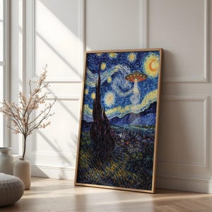 May include: A framed print of Van Gogh's "Starry Night" with a UFO hovering above the village. The artwork features a swirling blue night sky with yellow stars and a crescent moon. The print is in a wooden frame.