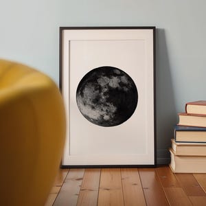 Zwart-witte maan kunst aan de muur | Fotografie op de omgekeerde maan | Minimalistisch ruimtedecor | Kunst aan de muur astronomie | Poster hemelse maan