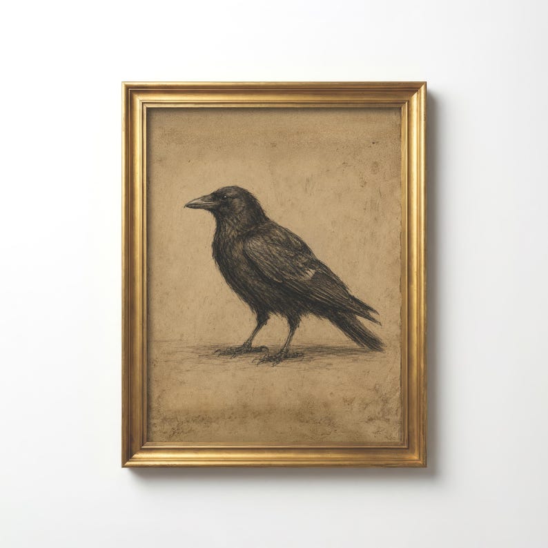May include: A charcoal-style drawing of a black crow standing in profile, rendered with detailed feather textures on a tan, weathered-looking background. The artwork is enclosed in a rectangular, ornate gold-toned frame with a classic finish.