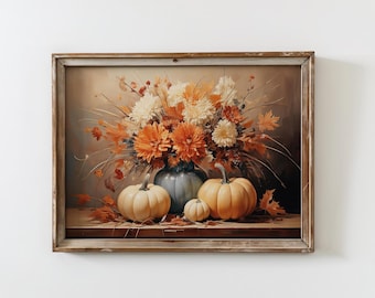White Pumpkin Wall Art | Fall Floral Print | Vintage Autumn Decor | Cottagecore Pumpkin Artwork | Rustic Fall Wall Decor