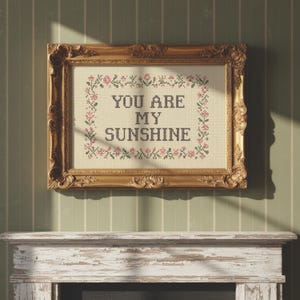 May include: A framed cross-stitch with the words "YOU ARE MY SUNSHINE" in black letters. The cross-stitch is surrounded by a floral border in pink and green. The frame is ornate and gold-colored, hanging on a green and white striped wall.