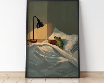 Frog Reading in Bed Print | Cute Frog Poster for Book Nook | Cozy Book Lover Wall Art | Cottagecore Bedroom Decor | Funny Toad Artwork