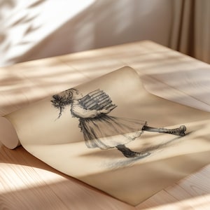 May include: A roll of wallpaper featuring a sepia-toned illustration of a person with long hair tied back, wearing a long dress and boots, walking while carrying a stack of books. The drawing is rendered in fine black lines on a light beige background.
