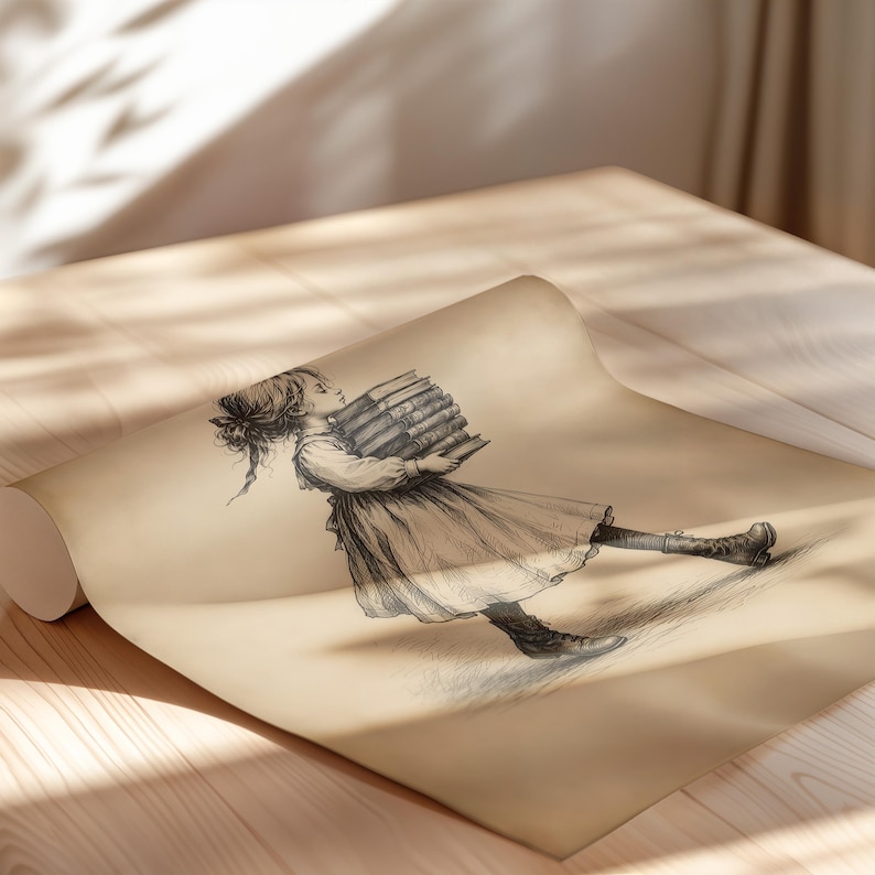 May include: A roll of wallpaper featuring a sepia-toned illustration of a person with long hair tied back, wearing a long dress and boots, walking while carrying a stack of books. The drawing is rendered in fine black lines on a light beige background.