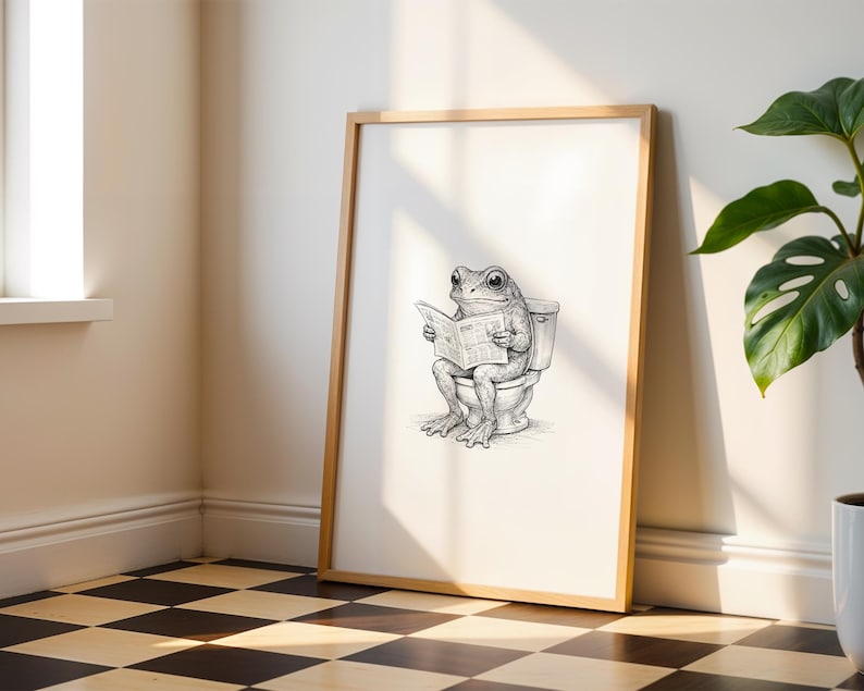 Impresión de sapo en el inodoro / Rana divertida leyendo en el baño / Dibujo peculiar de sapo / Rana del baño / Regalo divertido para decorar el baño imagen 10