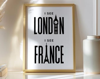 Decoración divertida para el baño / Arte mural "Veo Londres, veo Francia" / Letrero humorístico para el baño / Impresión divertida para el tocador