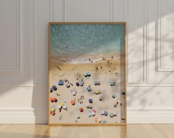 Aerial Beach Summer Wall Print | Retro Coastal Print for Beach House | Beach Umbrella Print for Pool House