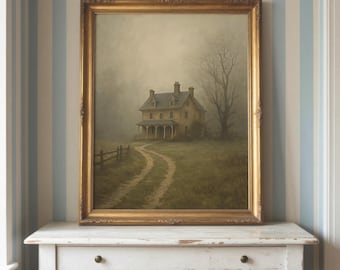 Haunted Farmhouse Wall Art | Moody Halloween Decor | Rustic Ghostly Landscape Print | Spooky Autumn Artwork