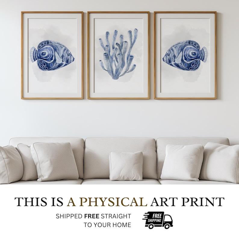 Physical Print: Navy Blue Fish and Coral Wall Art