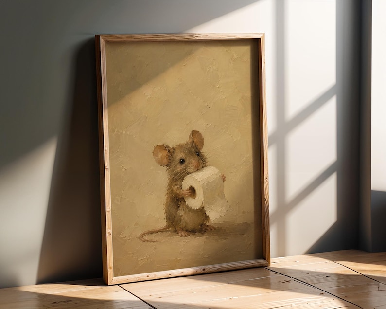 Mouse and Toilet Paper Wall Art | Funny Bathroom Print | Farmhouse Powder Room Decor | Whimsical Mouse Artwork | Guest Bath Gift image 5
