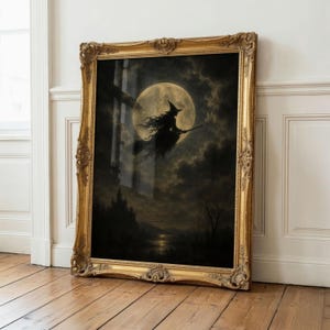 Flying Witch Moon Wall Art | Halloween Print | Dark Fantasy Decor | Gothic Witch Artwork | Spooky Night Sky image 5