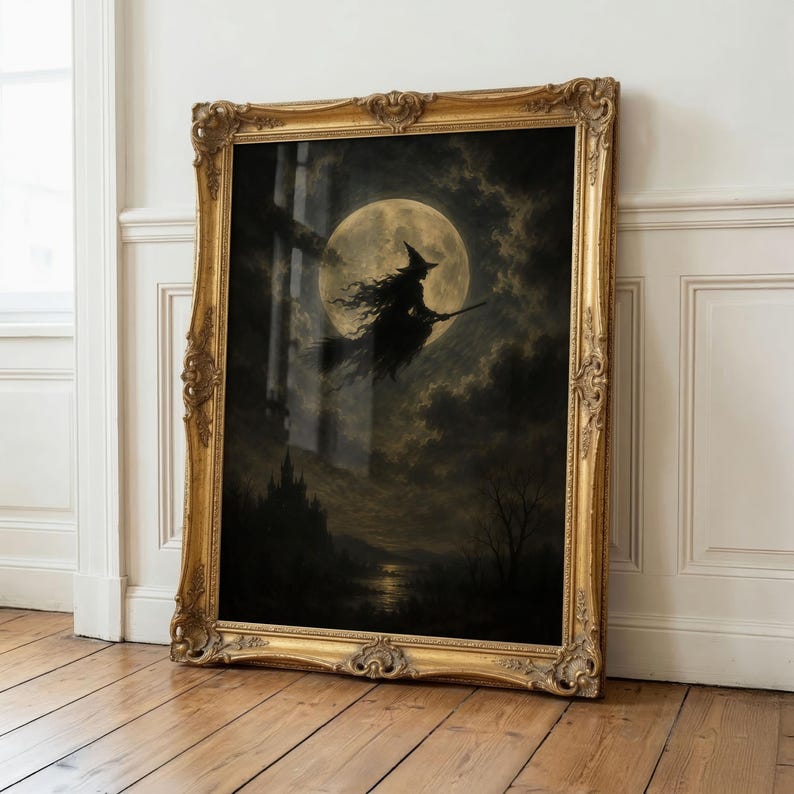 Flying Witch Moon Wall Art | Halloween Print | Dark Fantasy Decor | Gothic Witch Artwork | Spooky Night Sky image 5