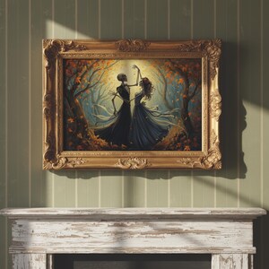May include: A rectangular wall art piece in an ornate gold frame depicting a skeleton and a figure in a flowing dark dress dancing in an autumn forest with orange leaves, golden light, and dark trees, presented in a horizontal orientation.