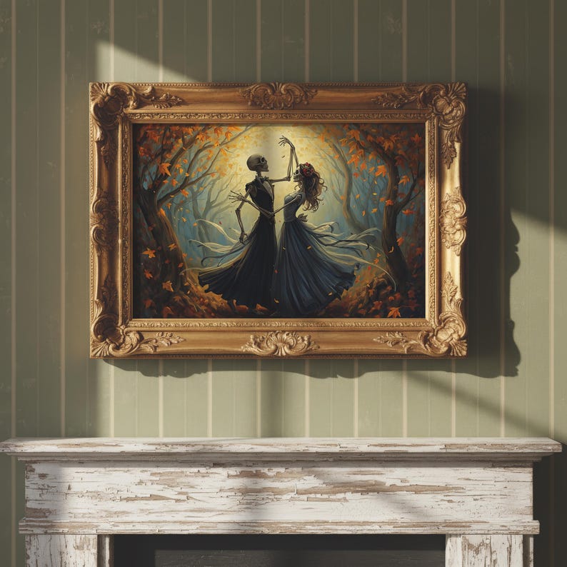May include: A rectangular wall art piece in an ornate gold frame depicting a skeleton and a figure in a flowing dark dress dancing in an autumn forest with orange leaves, golden light, and dark trees, presented in a horizontal orientation.