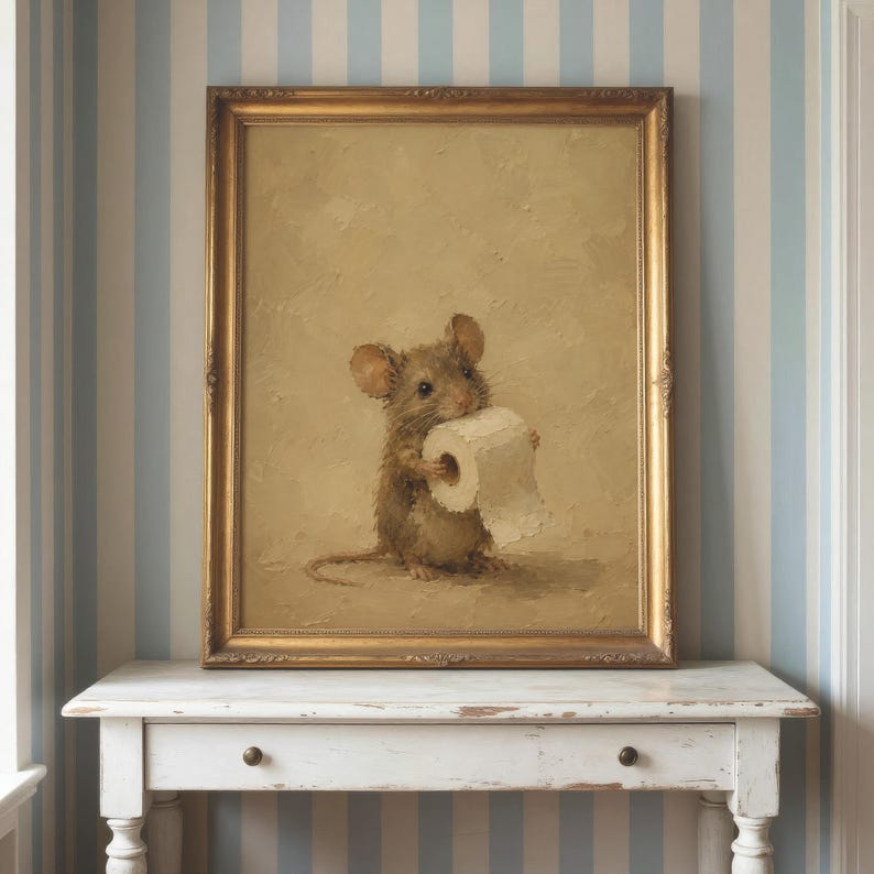 May include: A framed oil painting featuring a brown mouse holding a roll of white toilet paper. The artwork is rendered in a textured, painterly style with a neutral beige background, enclosed within an ornate, metallic gold-toned rectangular frame.
