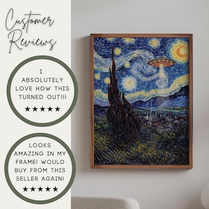 May include: Framed art print featuring a whimsical take on Van Gogh's "Starry Night," with a UFO beaming light onto a village. The artwork is in a wooden frame. Customer reviews are visible on the left side of the image.