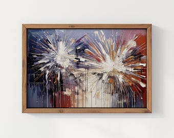 4th of July Wall Art | Firework Painting Print | Patriotic Independence Day Decor | Red White Blue Artwork