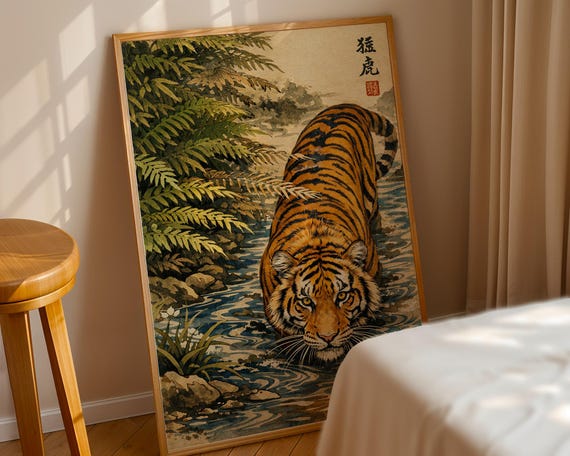 Japanese Tiger Wall Art | Vintage Tiger Painting Print | Asian Wildlife Artwork | Tiger in Water Decor | Oriental Nature Wall Art