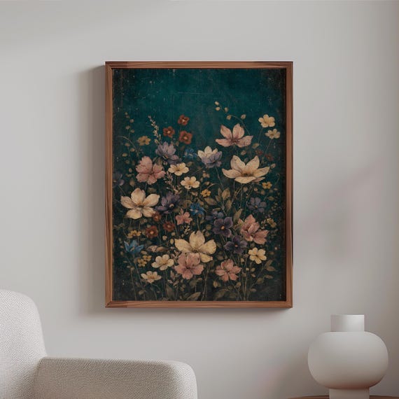 Moody Wildflower Wall Art | Vintage Botanical Print | Dark Green Floral Decor | Cottagecore Wall Art | Rustic Nature Poster