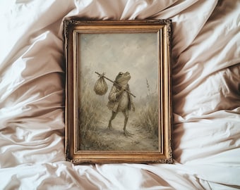 Muurdecoratie met reizende kikker | Vintage schilderij van een reizende kikker | Speelse cottagecore decoratie | Sprookjesachtige kikker | Muurdecoratie voor de kinderkamer