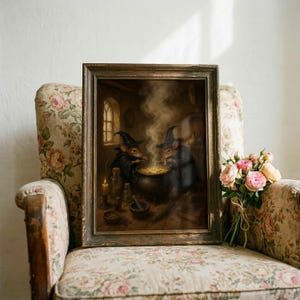 Op de afbeelding: Een ingelijste rechthoekige kunstdruk met twee muizen in donkere puntmutsen en gewaden, staand rond een rokende zwarte ketel in een schemerige kamer met glazen flessen, een kaars en een boek op een houten vloeroppervlak.