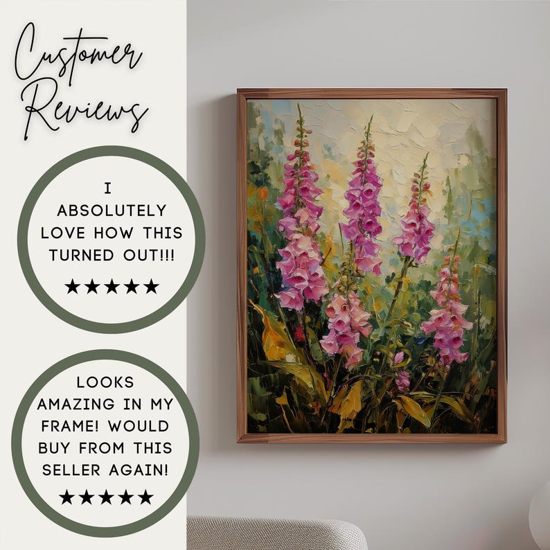 Vingerhoedskruid muurdecoratie | Roze wilde bloemen botanische decoratie | Cottagecore bloemen muurdecoratie | Vintage bloemenposter | Engelse tuinprint afbeelding 2