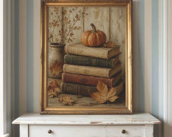Pumpkin and Books Wall Art | Dark Academia Autumn Decor | Cozy Reading Nook Print | Fall Book Lover Gift