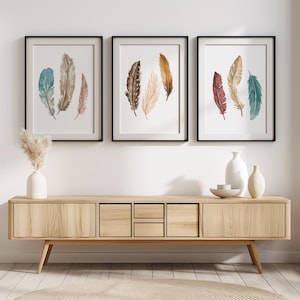 Watercolor Feathers Wall Set of 3| Earthtone Bird Feathers Artwork | Neutral Colored Feathers Wall Prints for Home or Office