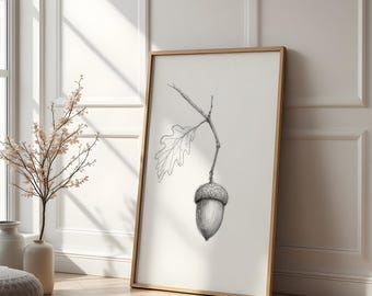 Väggkonsttryck av ekollon | Vintage botanisk skiss | Svartvit skogsdekor | Neutral naturväggkonst