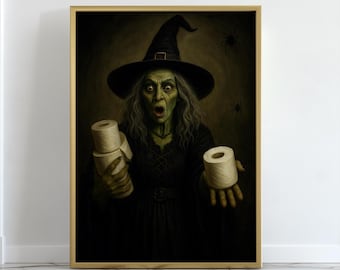 バスルームの魔女プリント｜ハロウィンユーモアウォールプリント（パウダールーム用）｜ハロウィンバスルームアート｜邪悪な魔女トイレットペーパーロールウォールアート