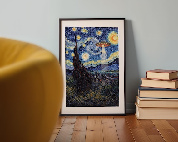 UFO Wall Art Print | Starry Night Inspired Alien Painting | Sci Fi Wall Decor | Surreal Space Artwork | Nerd Office Decor
