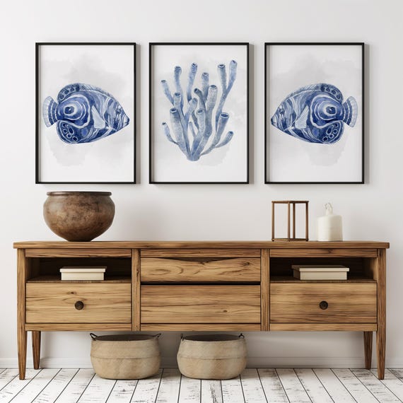 Beachy Decor: Navy Blue Fish Art, Coastal Print for Cape Cod Home, Nautical Pool Artwork for Airbnb & Beach House