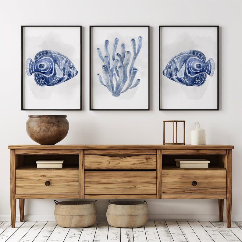 Navy Blue Fish and Coral Wall Art